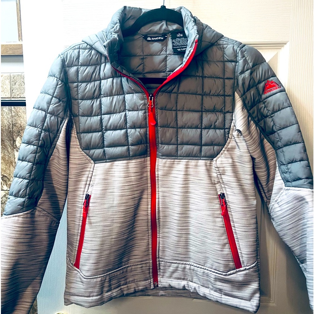 Snozu Girl’s Red Grey Hooded Winter Spring Puffer Jacket Coat Size 14/16 Lg